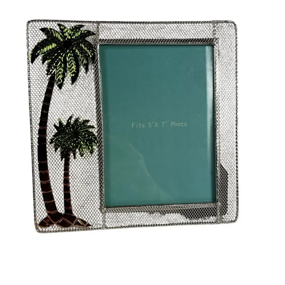 Metal Shiny Tropical Palm Tree Photo Frame 5x7 Silver Green Vacation Memories